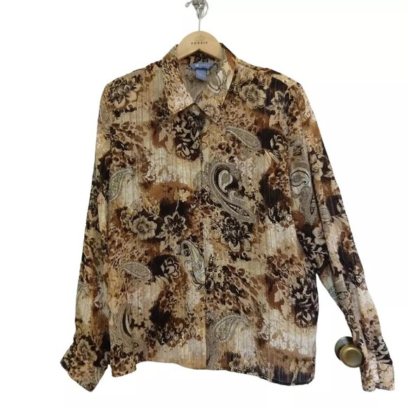 Brown Paisley Floral Print Semi-Sheer Size 18 Koret Button Up Shirt Boho - Picture 1 of 7